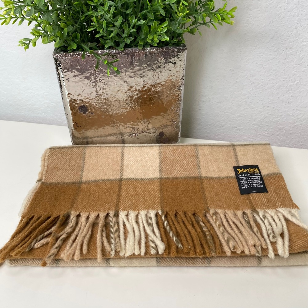Johnstons of Elgin Cashmere Scarf Made in Scotland Plaid‎ Check Tan Beige Unisex